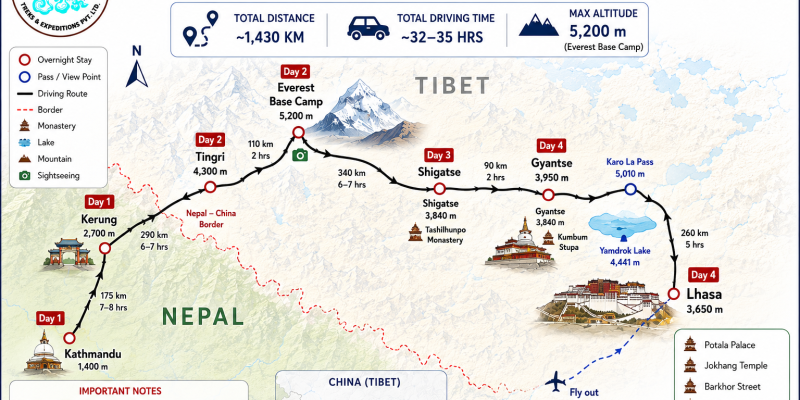 Route map of Lhasa Group Joining Tour 8 Days